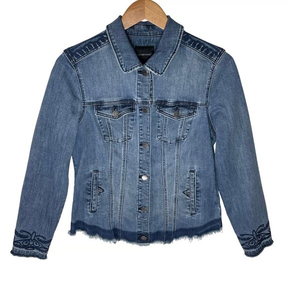 NWT Liverpool Los Angeles Bosley Embroidered Denim Jacket Frayed‎ Hem Blue L - Picture 2 of 4